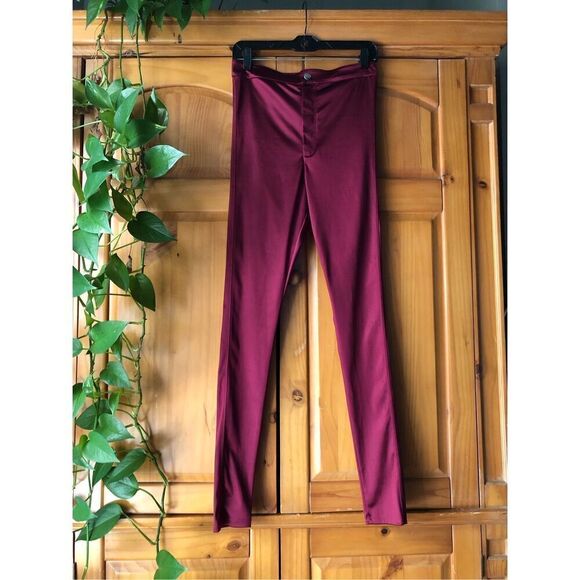 H&M GLOSSY SLIM-FIT PANTS-High Waist -Burgundy SZ M - Picture 1 of 12